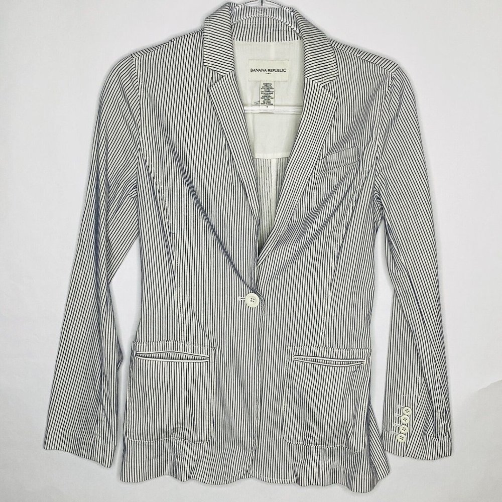 Banana Republic Blazer Women 0 Blue White Denim Striped One Button Lined